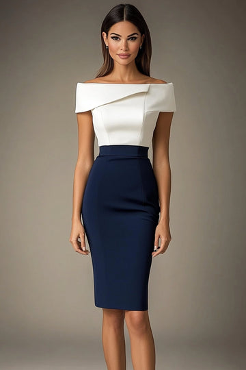 White and Navy Off The Shoulder Bodycon Formal Dress